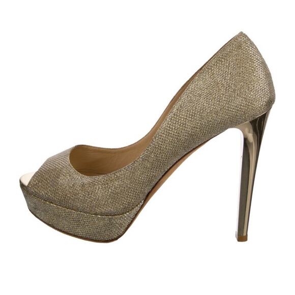 JIMMY CHOO Dahlia Gold Glitter Platform Peep Toe Gold Stiletto Heel EU 39 US 9 - Picture 1 of 4